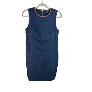 Ralph Lauren LRL Womens Dark Denim Sleeveless Tank Dress Sheep Leather Trim Sz 6